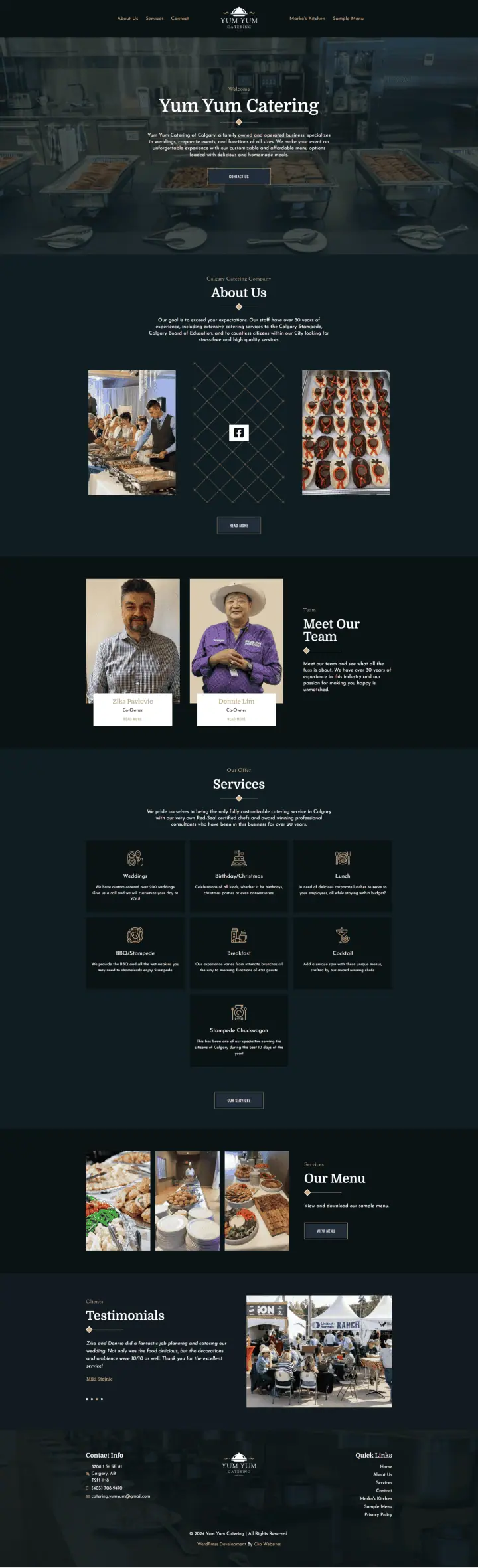 Website homepage of Yum Yum Catering featuring a header image of appetizers, sections for About Us, Meet Our Team, Services, Our Menu, and Testimonials, with various food and team images throughout. - Clio Websites | Top Canadian Web Design Company