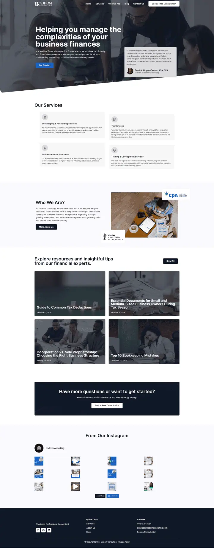 Screenshot of a finance website homepage. It features a header image, a section with services offered, an "About Us" area, resources including financial articles, and links to Instagram posts. The color scheme is neutral with accents of blue. - Clio Websites | Top Canadian Web Design Company