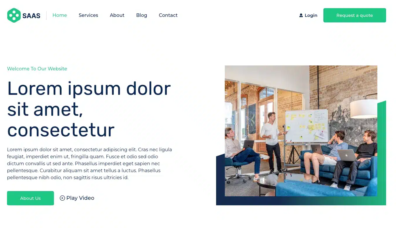 A modern website homepage showcases the sleek SAAS logo, accompanied by navigation links and a login button dressed in a seamless SaaS theme. Below, the hero section features "Lorem ipsum dolor sit amet" alongside an engaging image of a group meeting in progress. - Clio Websites | Top Canadian Web Design Company