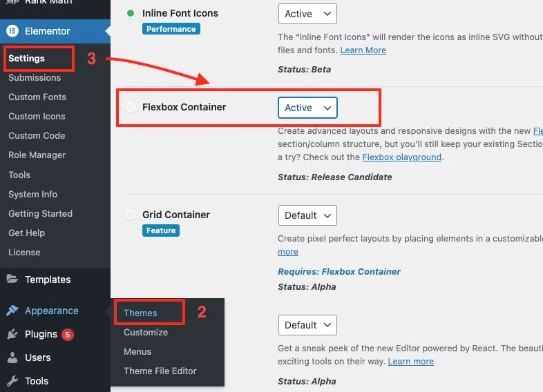 Screenshot of a WordPress admin dashboard highlighting navigation to Elementor settings. The settings section focuses on the "Active" Flexbox Container. Other menu items include Themes, Customize, and various plugin options, with special attention to Free Elementor Themes for enhanced design flexibility. - Clio Websites | Top Canadian Web Design Company