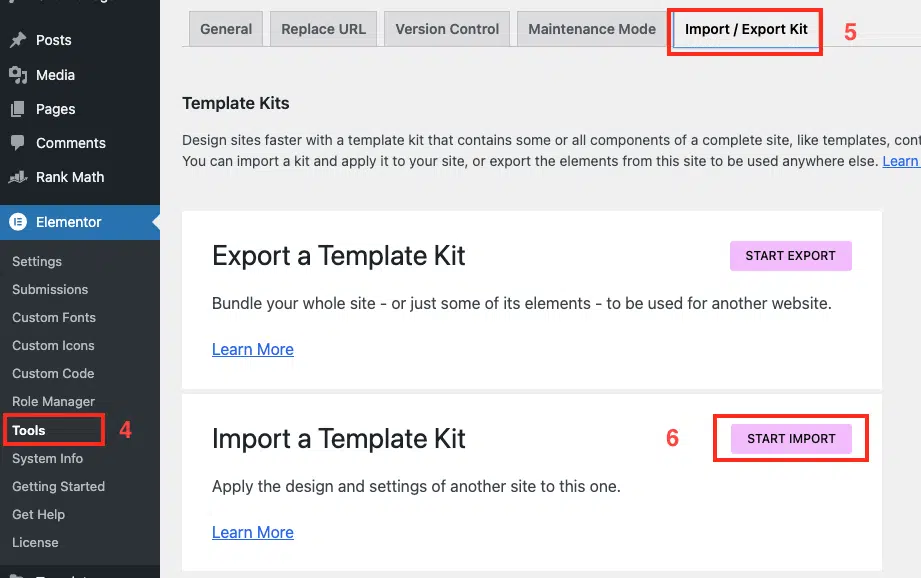 A screenshot of a web page displaying options for exporting and importing template kits in WordPress using Elementor. The "Import/Export Kit" tab is selected, showcasing buttons labeled "Start Export" and "Start Import," perfect for managing Free Elementor Themes efficiently. - Clio Websites | Top Canadian Web Design Company
