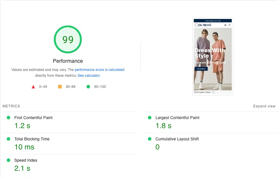 Screenshot of a webpage performance report using an Elementor Theme, showing a score of 99. Metrics include First Contentful Paint at 1.2s, Largest Contentful Paint at 1.8s, Total Blocking Time at 10ms, Speed Index at 1.2s, and Cumulative Layout Shift at 0—a perfect setup for any online shop. - Clio Websites | Top Canadian Web Design Company