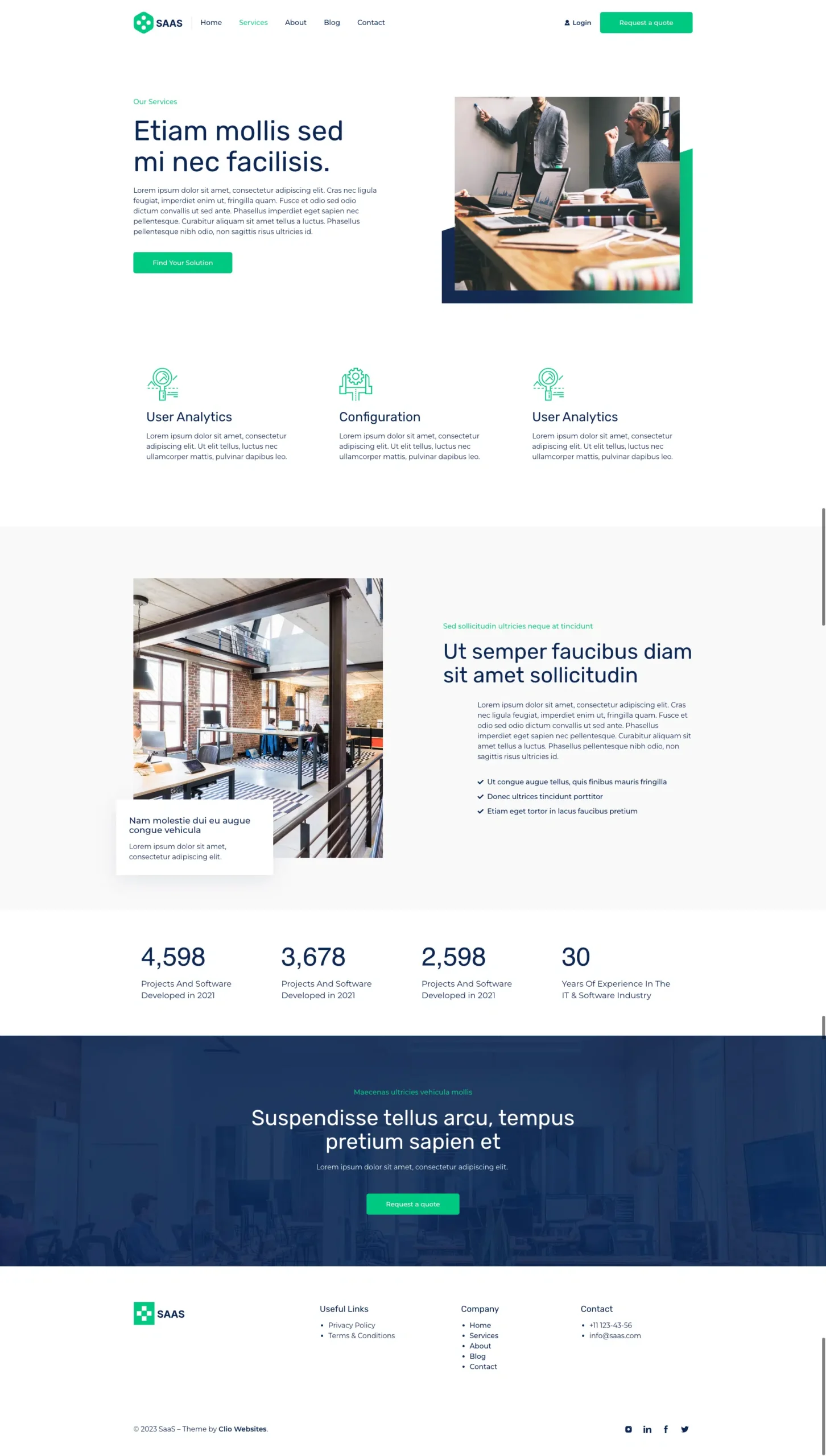 A modern SaaS-themed website landing page with a green and white motif. It includes sections for user analytics, configuration, and user reviews, showcasing images of team collaboration, office vibes, and statistics. The footer neatly houses contact details and social links. - Clio Websites | Top Canadian Web Design Company