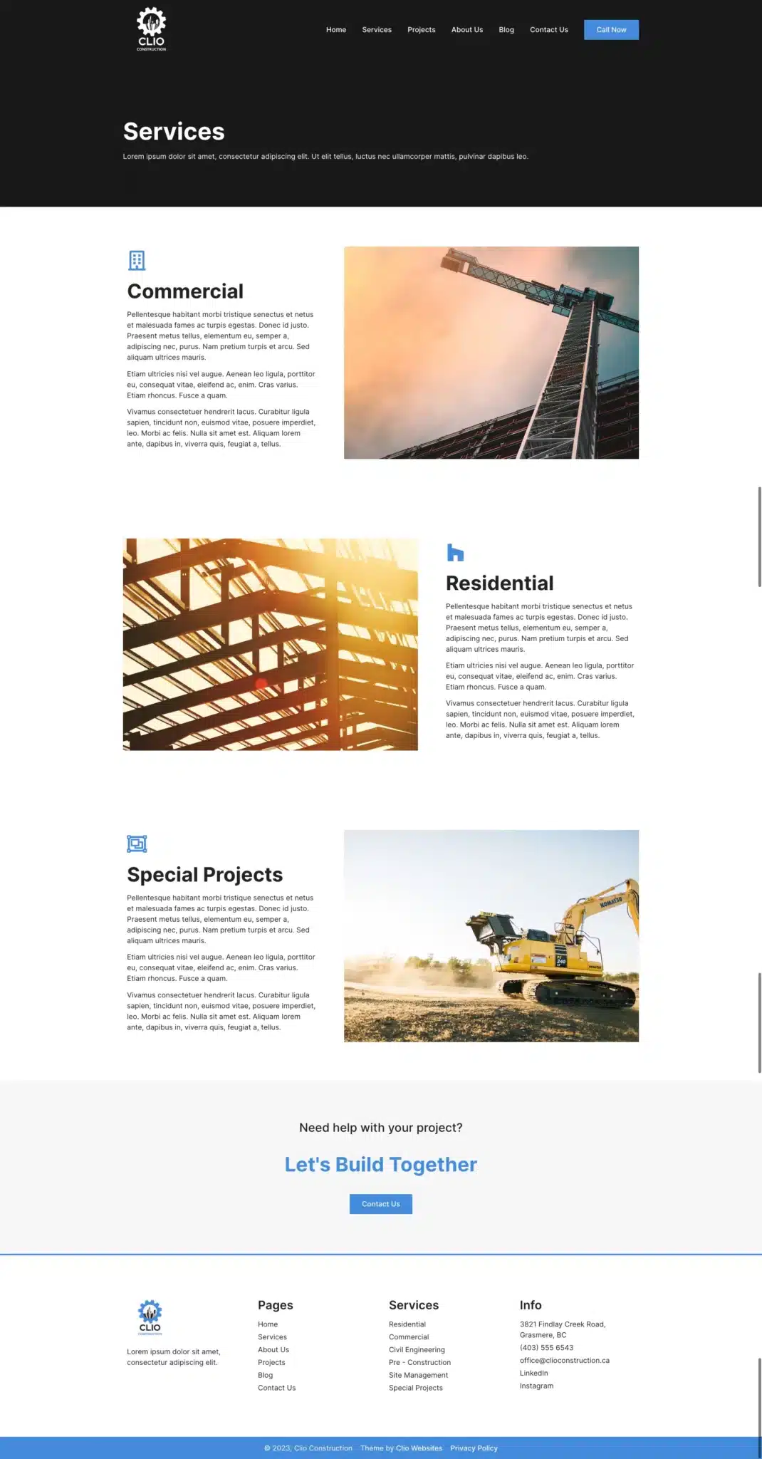 A theme-driven webpage layout for a construction company features sections on Commercial, Residential, and Special Projects services. Images include a crane, building framework, and an excavator. The page includes navigation links and a contact form prompt. - Clio Websites | Top Canadian Web Design Company