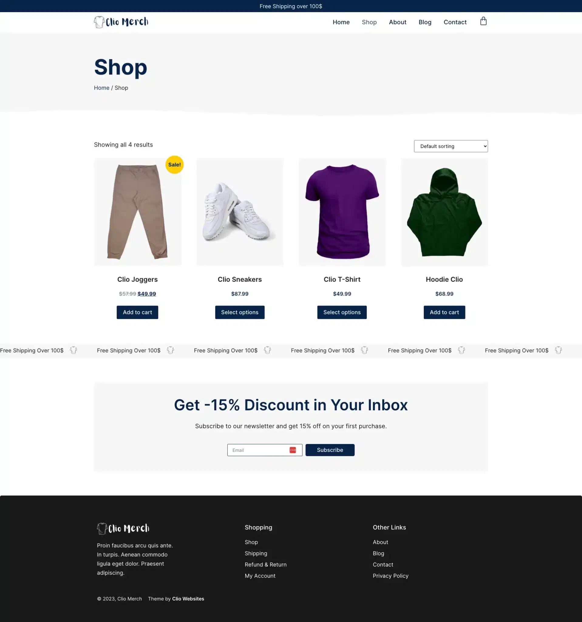 Screenshot of an online shop built with Shop Elementor displaying clothing items: joggers, sneakers, a T-shirt, and a hoodie. Prices are listed with options to select. A banner offers a 15% discount for newsletter subscribers. The footer contains links and copyright information. - Clio Websites | Top Canadian Web Design Company