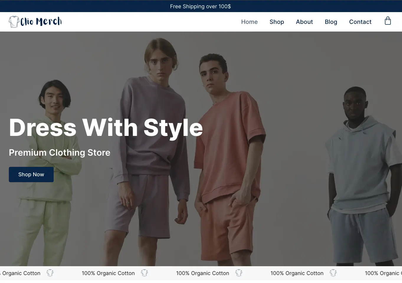 Four models display casual outfits in pastel tones, standing in a row on the Clio Merch website, styled with an elegant Elementor theme. This premium clothing store offers free shipping on orders over 0, with various navigation options clearly visible at the top. - Clio Websites | Top Canadian Web Design Company