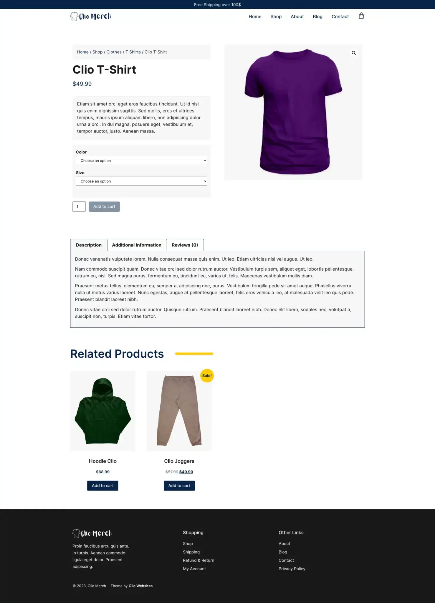 Screenshot of a shop product page featuring a Clio T-shirt priced at .99. The shirt is displayed in purple, with options to select size and quantity. Related products shown include a green hoodie and beige joggers. Navigate easily with the visible Elementor Theme navigation bar at the top. - Clio Websites | Top Canadian Web Design Company
