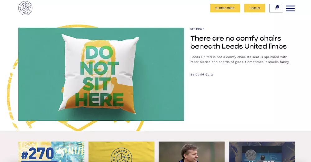 A redesigned webpage features the article "There are no comfy chairs beneath Leeds United limbs" by David Guile, boasting a header image of a pillow reading "DO NOT SIT HERE" in bold letters. Hosted on The Square Ball, the site has saved thousands while delivering engaging content. - 极速168体彩赛车号码历史结果预测-一分钟查询全历史记录查询-极速汽车168官网记录