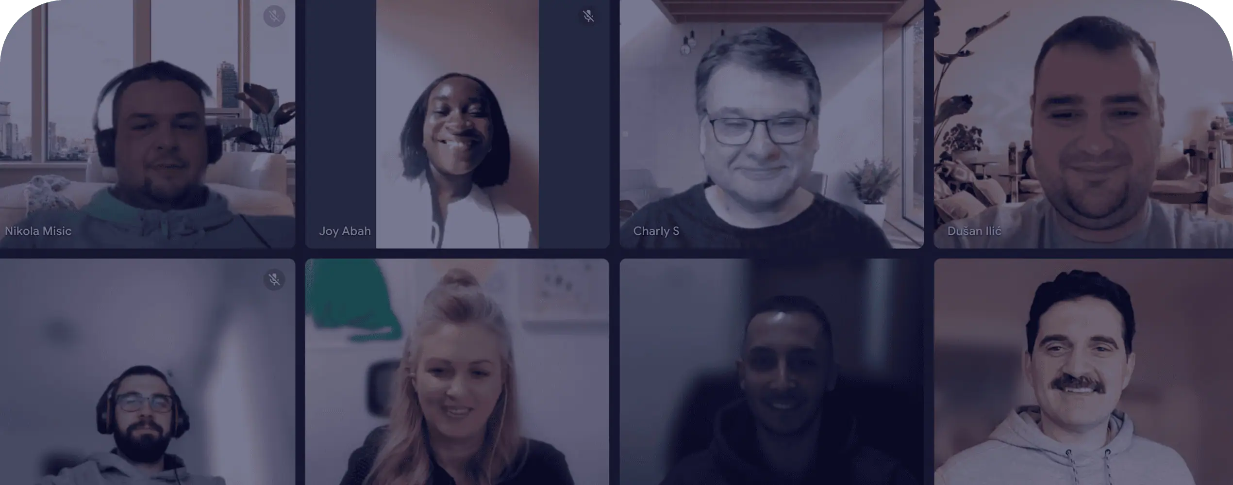 A virtual meeting with eight participants, each in their own video call window. They are smiling and appear to be in a discussion. The background shows various home and office settings. - Clio Websites | Top Canadian Web Design Company