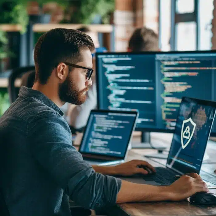 A man with glasses is typing on a laptop at a desk, surrounded by multiple monitors displaying lines of code for website maintenance. The room, with natural lighting and a few plants in the background, creates a focused and modern work environment. - Clio Websites | Top Canadian Web Design Company