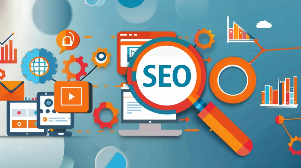 Illustration featuring the SEO concept with a magnifying glass, gears, charts, a computer, and communication icons. The design uses bright colors and digital elements to represent why WordPress is the best platform for search engine optimization and online analytics. - Clio Websites | Top Canadian Web Design Company
