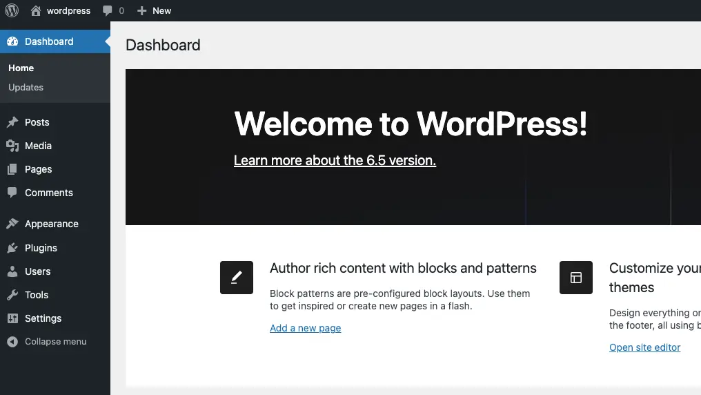 Screenshot of a WordPress dashboard showcasing its SEO-friendly features. The sidebar includes options like Posts, Media, Pages, and Comments. The main content invites users to learn about version 6.5 and authoring content with blocks and patterns, illustrating why WordPress is the best platform for SEO. - Clio Websites | Top Canadian Web Design Company