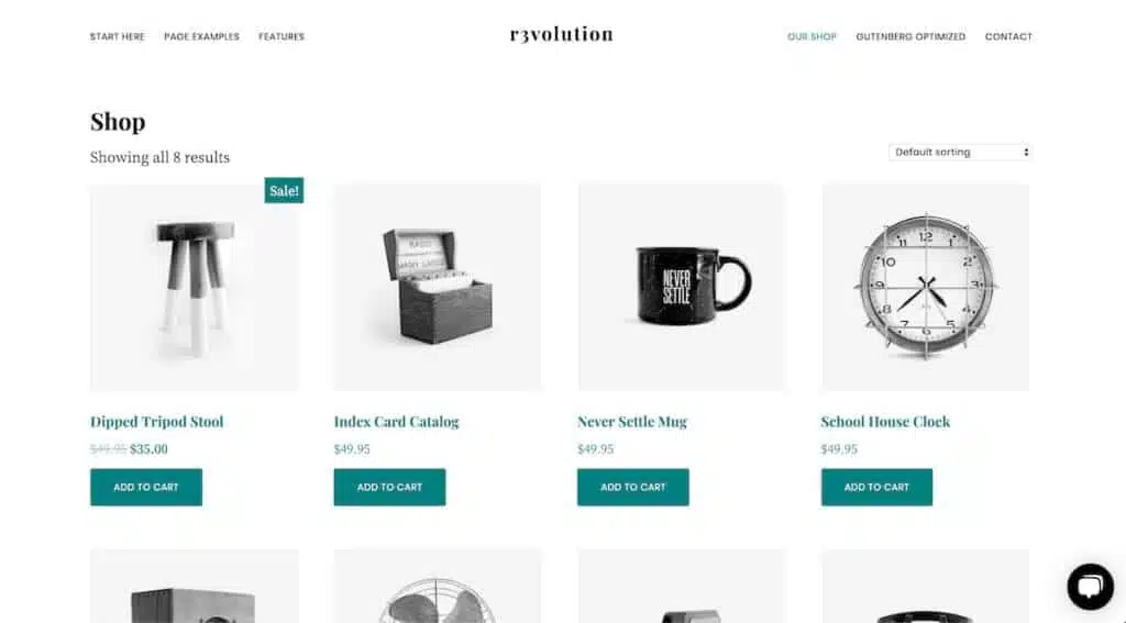 Screenshot of an online shop showcasing our services with various products: a dipped tripod stool on sale, index card catalog, "Never Settle" mug, and schoolhouse clock. Each item features prices and an "Add to cart" button for your convenience. - Clio Websites | Top Canadian Web Design Company