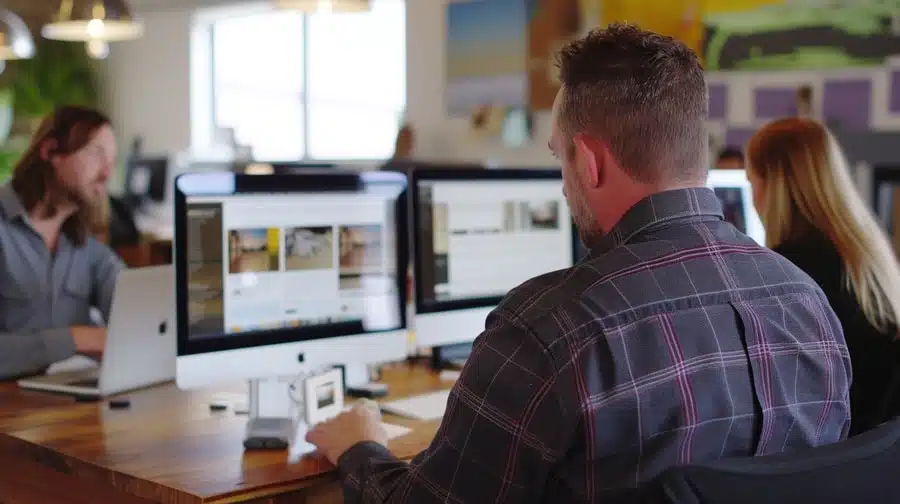 A group of people work at a shared desk space, each immersed in their tasks. The focus is on a person in the foreground engaged in WordPress development on a desktop computer. Multiple monitors around the room display various content, enhancing the modern and well-lit office environment. - Clio Websites | Top Canadian Web Design Company